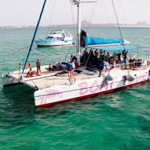 People on a catamaran labeled 'BOAT TOUR' in clear turquoise water, with land and another boat in the background.